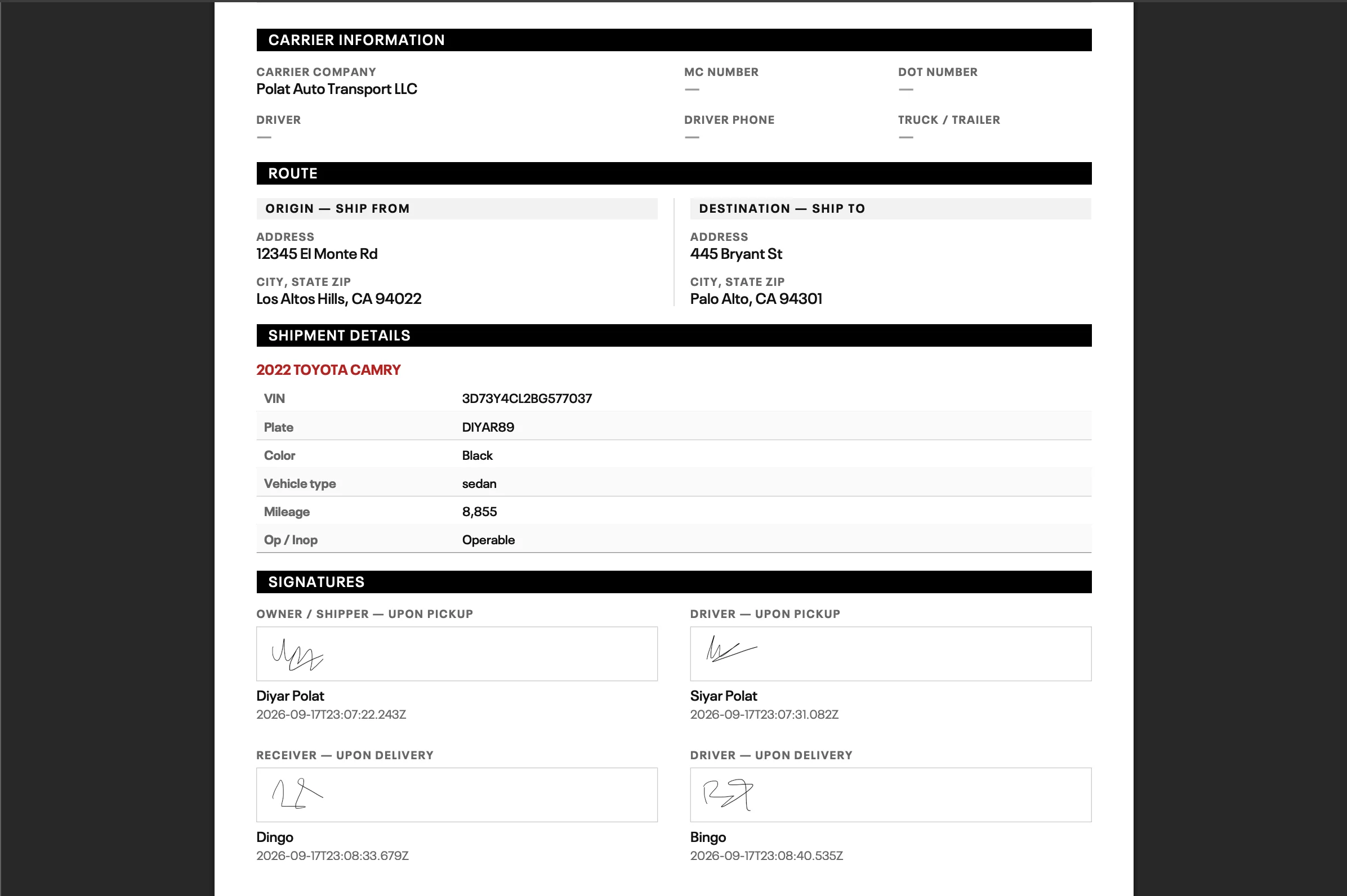Actual MainDispatch BOL showing carrier information, the Los Altos Hills to Palo Alto route, a 2022 Toyota Camry, and signed pickup and delivery fields.